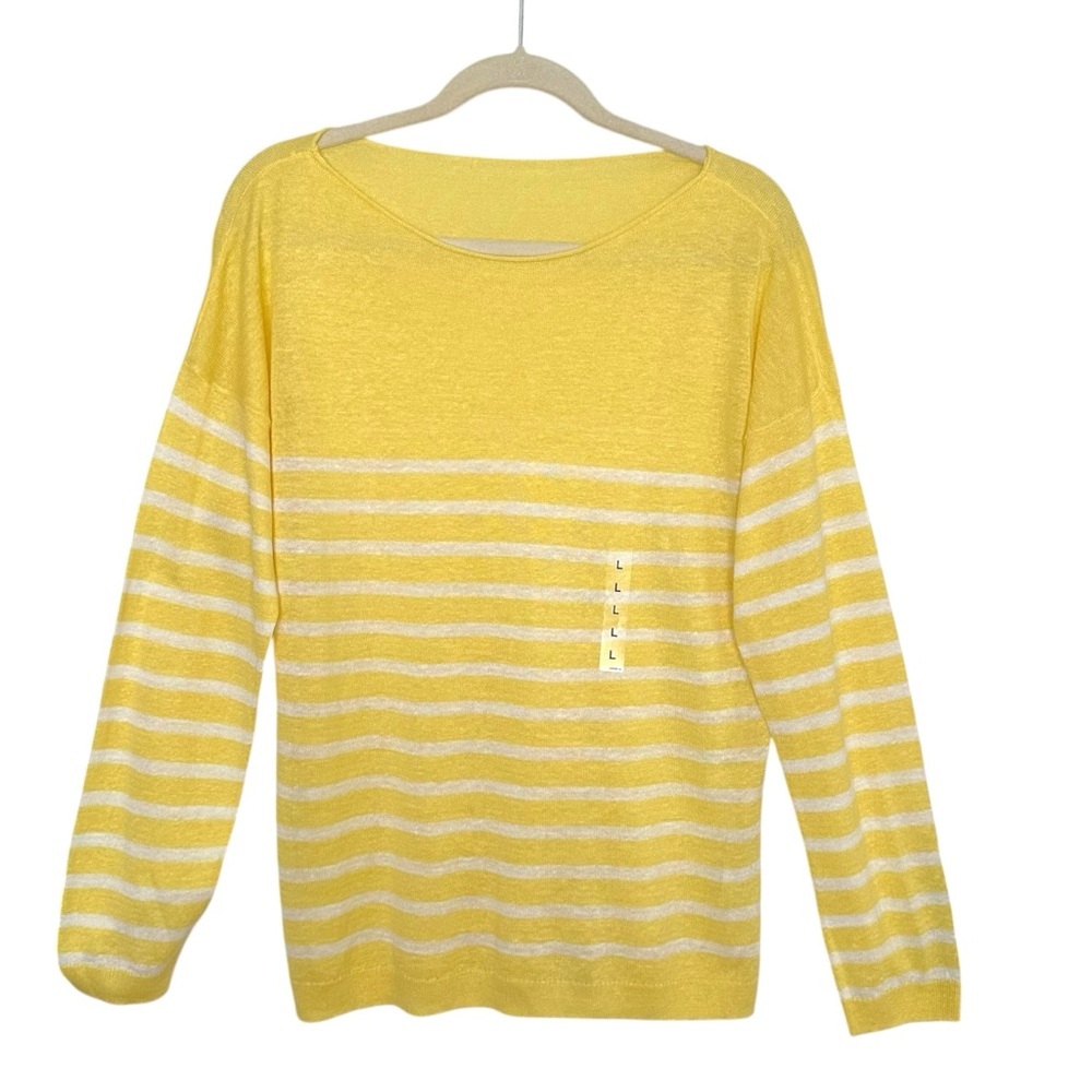100% Linen UNIQLO Striped‎ Summer Yellow Sweater Lightweight Boatneck Coastal L